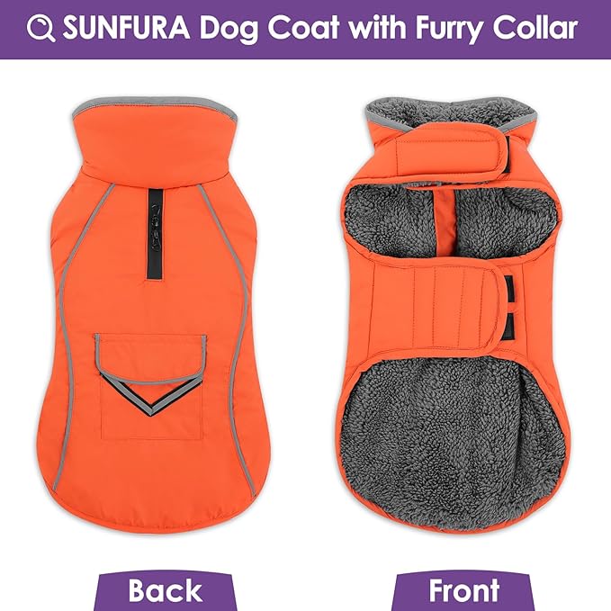 SUNFURA Dog Coat, Large Dog Jacket Reflective Winter Coat for Cold Weather, Windproof Pet Snow Jacket with Pocket, Warm Fleece Sweater Clothes for Large Dogs, Orange L