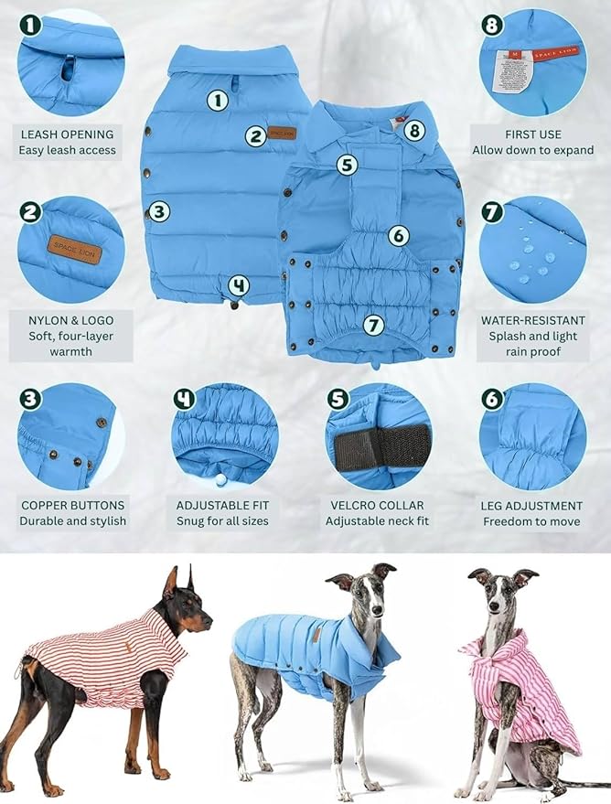 SPACE LION Dog Puffer Jacket, Down Winter Coat, Durable Outdoor Coat for Cold and Windy Conditions, Waterproof, Lightweight Jacket, Adjustable Fit for Small, Medium, Large Dogs(Blue,12/M)