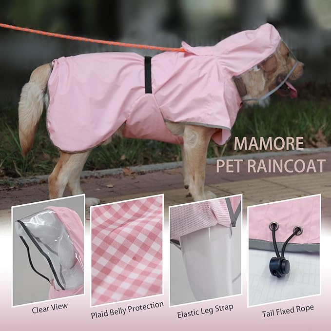 Waterproof Dog Raincoat, Reflective Adjustable Hooded Dog Rain Coat, Lightweight Breathable Pet Rain Jacket Poncho Double Layer with Leash Hole for Small Medium Large Dogs (Pink, Small)