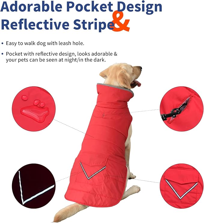 Dog Coat, Waterproof Dog Winter Jacket with Pocket, Reflective Adjustable Pet Snow Vest, Warm Cozy Fleece Sweater for Small Medium Extra Large Dogs - Red, M