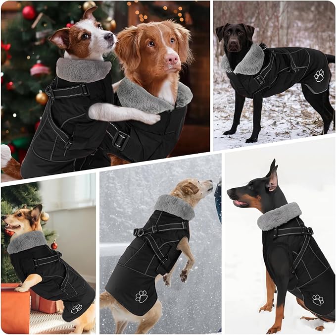 Doglay Dog Jacket Waterproof Dog Coat with Harness Built in, Christmas Puppy Winter Coat Reflective Turtleneck Puffer Snow Jackets for Small Medium Large Dogs