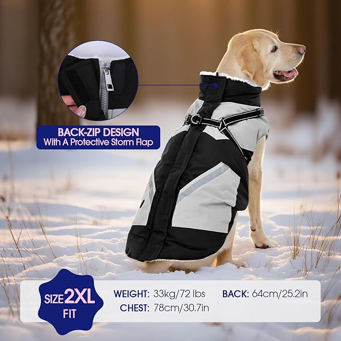 FUAMEY Dog Winter Jackets for Large Dogs,Dog Coat with Harness Built in,Waterproof Dogs Snowsuits Warm Pet Jacket Zip Up Fleece Cold Weather Coats Reflective Puppy Vest with Pocket Black 3XL