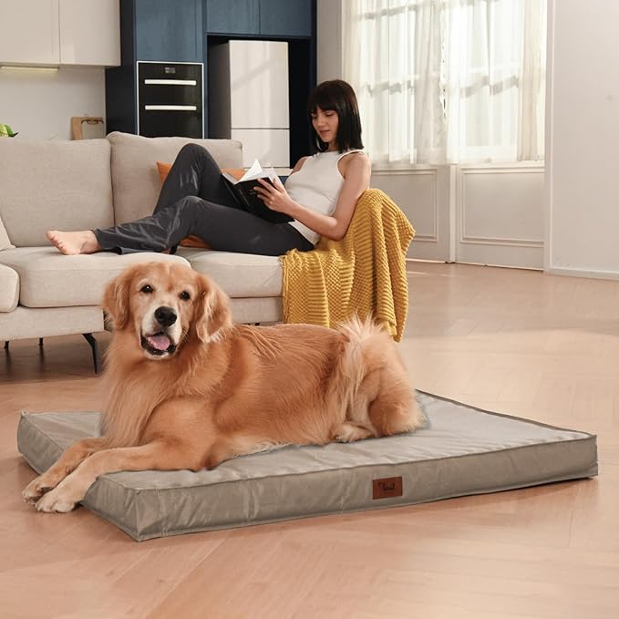 Outdoor Dog Bed for Small Dogs & Cats, Waterproof Dog Crate Mat Orthopedic Egg Crate Foam with Washable Removable Oxford Cover, Khaki
