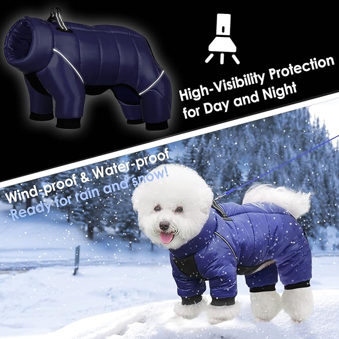 AOFITEE Dog Coat, Waterproof Dog Winter Jacket, Warm Fullbody Dogs Snowsuit, Winter Coat for Small Dogs, Zip Up Pet Puffer Jacket Fleece Vest, Outdoor Reflective Cold Weather Pet Coats, Blue L