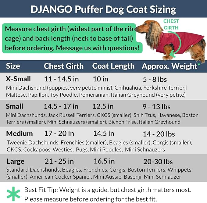 DJANGO Reversible Puffer Dog Coat – Warm Winter Dog Jacket & Water-Repellent Insulated Dog Coat with Harness Hole, Windproof, Adjustable Fit for Small & Medium Dogs, Dachshunds – Lava Red, Medium