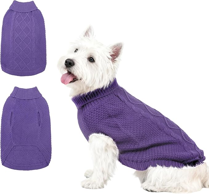 Mihachi Turtleneck Dog Sweater - Winter Coat Apparel Classic Cable Knit Clothes with Leash Hole for Cold Weather, Ideal Gift for Pet in New Year Light Purple S