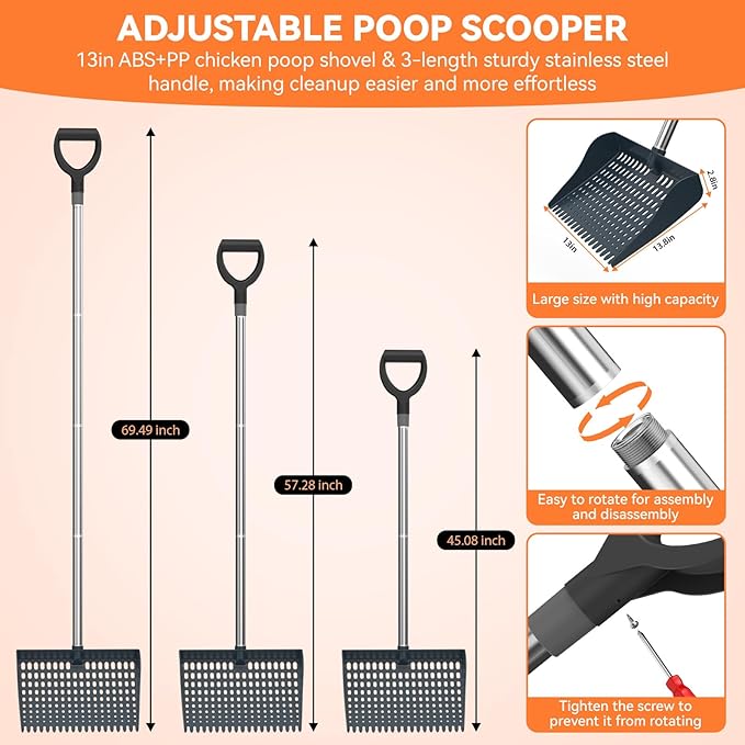 Chicken Poop Scooper & Rake 2-in-1, Pooper Scooper with 13in Wider PP Head & Adjustable Stainless Steel Handle, 33''-69'' Sand Sifting Shovel Litter Scooper for Chicken Coop/Small Farm Animals, Gray