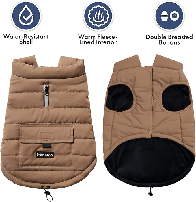 Spark Paws Dog Winter Jacket, Water-Resistant Coat, Warm Reflective Windproof Fleece-Interior, for Medium and Large Dogs - Tan - XL