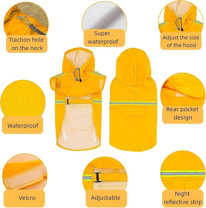 Reflective Strip Dog Raincoat, Ultra - Light Breathable Waterproof Rain Jacket with Hood, Adjustable Sizes for Small/Medium/Large Dogs, (M)