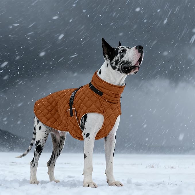 Kuoser Dog Coat Warm Fleece Lining Turtleneck Dog Jacket with Harness Built-in, Adjustable Windproof Cold Weather Coats with Quick Release Buckle Pet Winter Snowsuit for Extra Large Dogs, Khaki 2XL