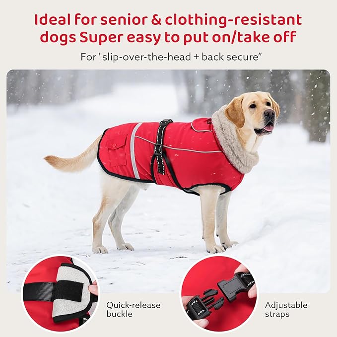 Dog Coat, Warm Dog Winter Coat Reflective Jacket Waterproof Fleece Vest, Pet Jacket Cozy for Cold Weather, Dogs Snowsuit Windproof, Adjustable Buckle for Large Dogs