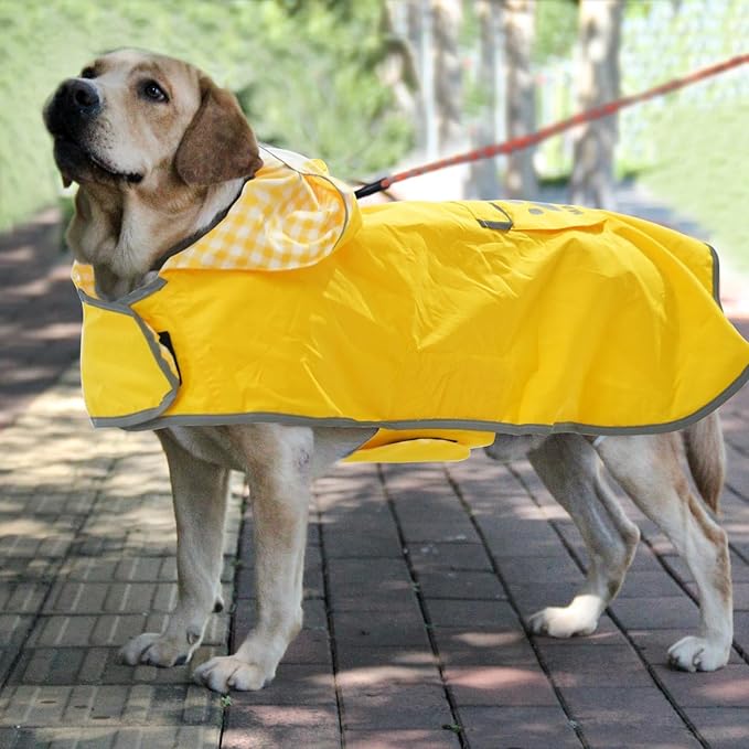 MAMORE Dog Raincoat Reversible,Waterproof Dog Rain Coat Hooded Slicker Poncho with Reflective Strip, Plaid Double Layer Rain Jacket for Small Medium Large Dogs (Yellow, Large)