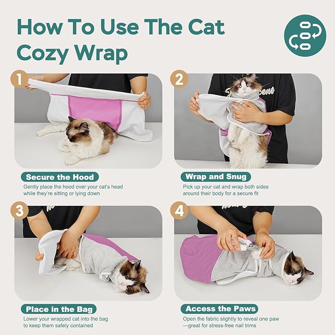 Self-Adhesive Cat Grooming Wrap, Cozy Cat Wrap for Cutting Nails, Breathable Anti-Scratch Cat Swaddle Bag for Brushing, Ear Cleaning, Dental Care, Medication, Injections, Pinkish Purple S
