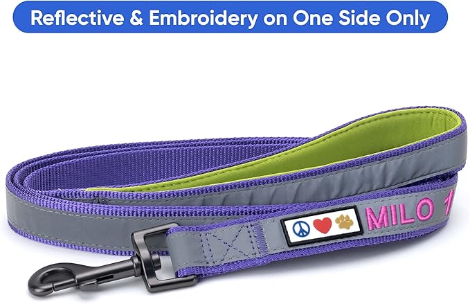 Pawtitas Personalized Dog Leash - Embroidered Custom Name & Phone Number, Reflective, 6 ft Long, Small, Purple Custom Tag