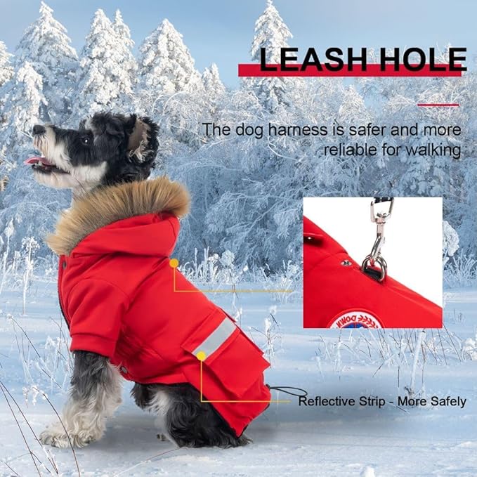 PINA Small Dog Coats - Waterproof & Windproof Dog Jacket with Pocket, Warm Flannel Lining & Faux Fur Hood for Cold Weather
