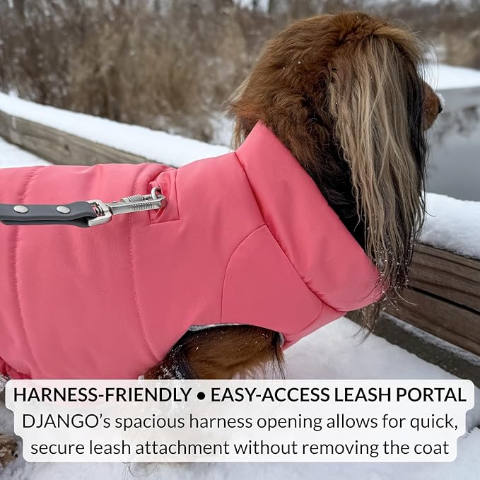 DJANGO Puffer Dog Coat – Warm Winter Dog Jacket & Water-Repellent Insulated Puffer Vest with Striped Lining, Harness Hole, Adjustable Fit for Small & Medium Dogs, Dachshunds – Rose Petal Pink, X-Small