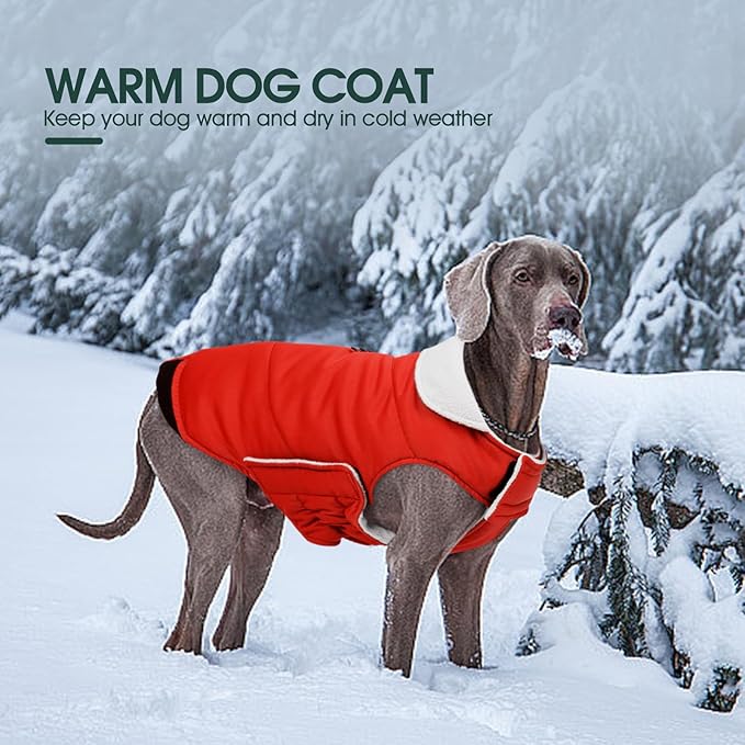 Kuoser Dog Coat Medium, Cold Weather Reflective Waterproof Dogs Jacket with Warm Fleece Lining, Turtleneck Dog Winter Coat with Zipper, Doggy Snow Jacket Pet Coats for Small Medium Large Dogs, Red M