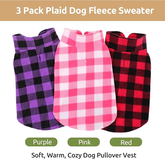 Kama Bridal 3 Pack Dog Coat - Spring, Autumn, Winter - Fleece Vest for Cats & Small/Medium Dogs - Red, Pink, Purple Plaid (S)