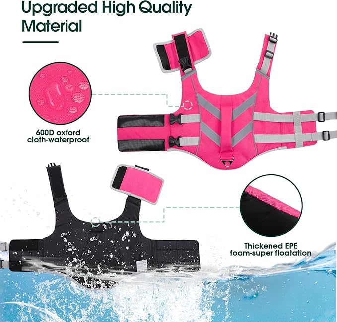 Kuoser Small Dog Life Jacket High Flotation, Reflective Puppy Water Vest for Swimming Boating, Adjustable Doggie Life Preserver Rescue Handle for Summer, Pink S