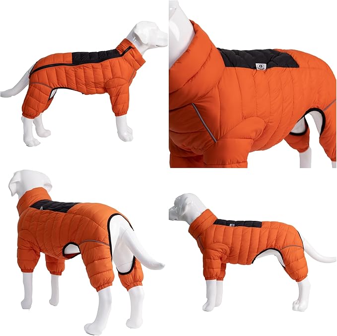 Warm Dog Coat, 4 Legs Covered Waterproof Windproof Reflective Vest, Zippered Adjustable Outdoor Snow Jacket for Small Medium Large Dogs Orange XXXL