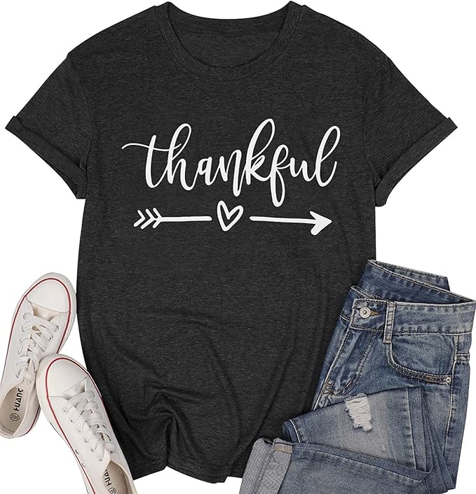 NIUBIA Women's T Shirts Summer Tops Simple Heart Graphic Shirts Sayings Short Sleeve Vacation Casual Blouse Thankful Tee