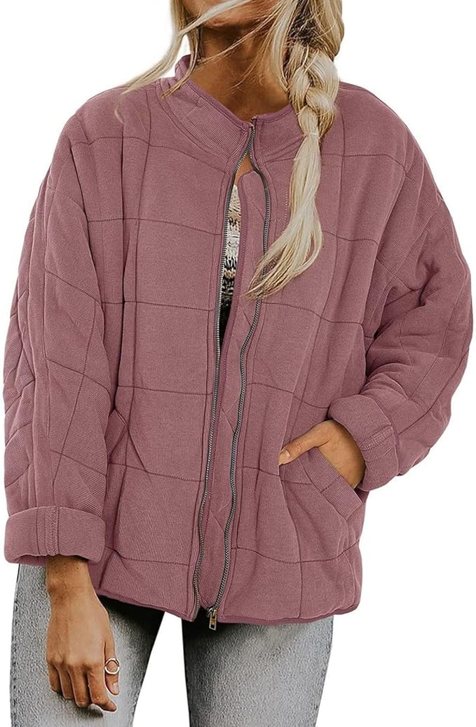 LIZALIG Warm Padded Coat for Women Full Zip Quilted Jackets Winter Oversized Causal Solid Color Stand Collar Pockets Coat