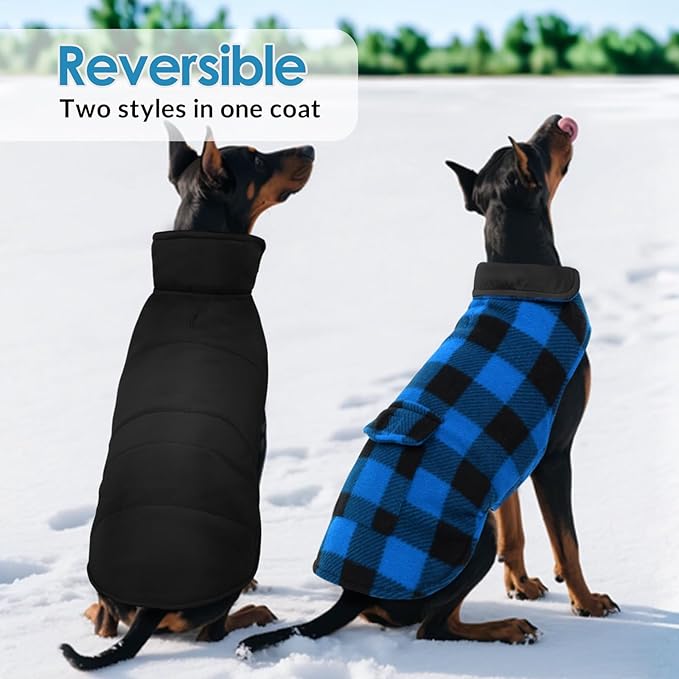 ASENKU Dog Winter Coat, Fleece Doggie Jacket Plaid Reversible Vest Waterproof Windproof Cold Weather Clothes for Small Medium Large Dogs (Blue, XL)