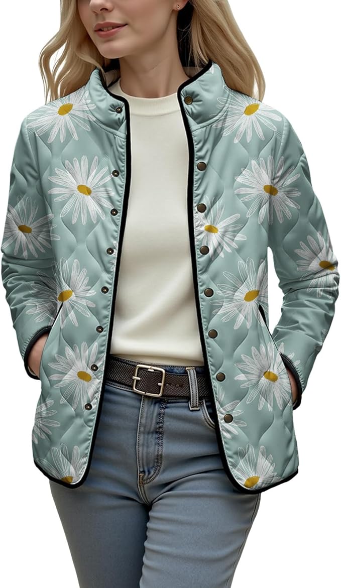 LIZALIG Women's Cropped Puffer Jacket Lightweight Floral Print Long Sleeve Padded Quilted Puffy Cardigan Coat