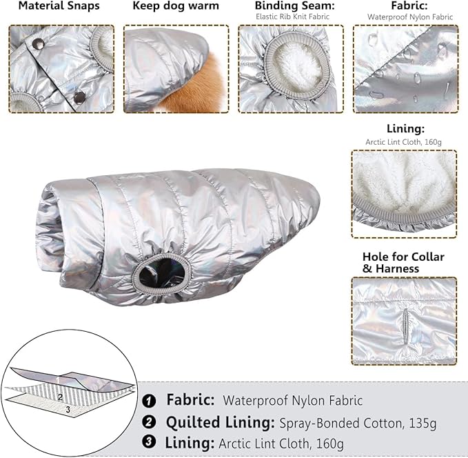 ASENKU Dog Winter Coat - Waterproof Windproof Dog Jacket, Warm Snowproof Doggie Puffer Vest for Cold Weather, Lightweight Snow Coats for Small Medium Large Dogs (Silver, 2XL)
