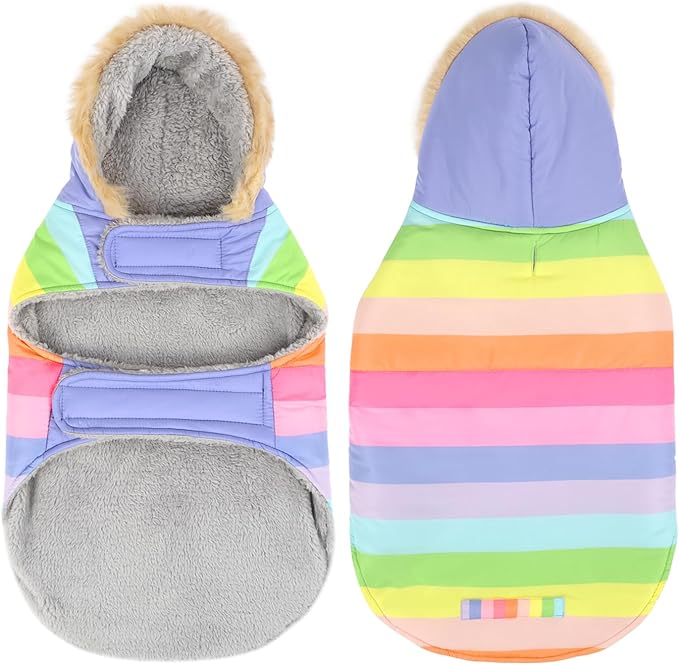 HDE Dog Puffer Jacket Fleece Lined Warm Dog Parka Winter Coat with Harness Hole Pastel Rainbow - L