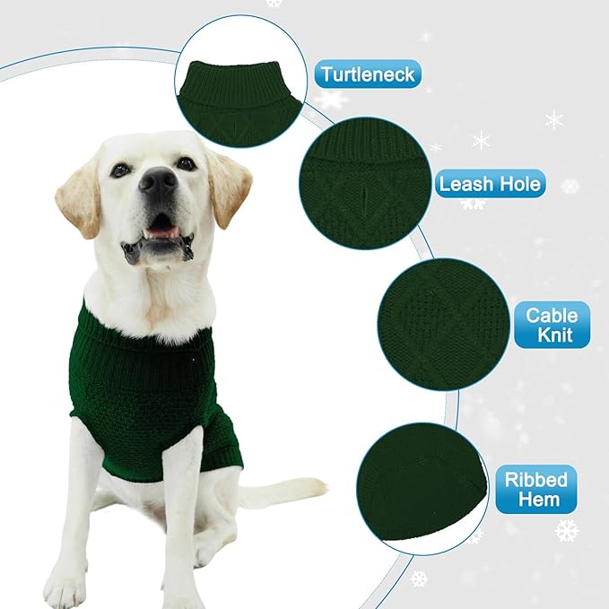 Mihachi Turtleneck Dog Sweater - Winter Coat Apparel Classic Cable Knit Clothes with Leash Hole for Cold Weather, Ideal Gift for Pet in New Year Army Green Large