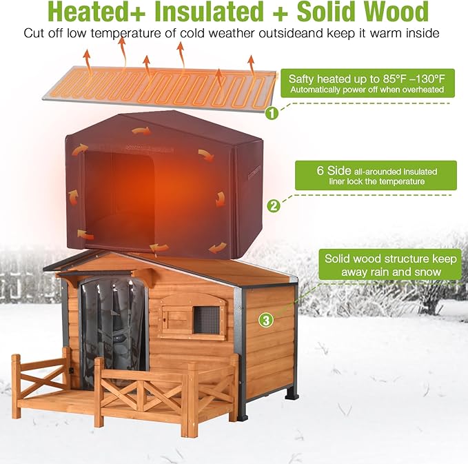 GUTINNEEN Heated Dog House Outdoor Dog Kennel with Safe Heated Pad, Chew-Proof Metal Frame and Rotating Food Bowl for Small to Medium Dogs, 44.6" L x 41.1" W x 32.9“H (Brown)