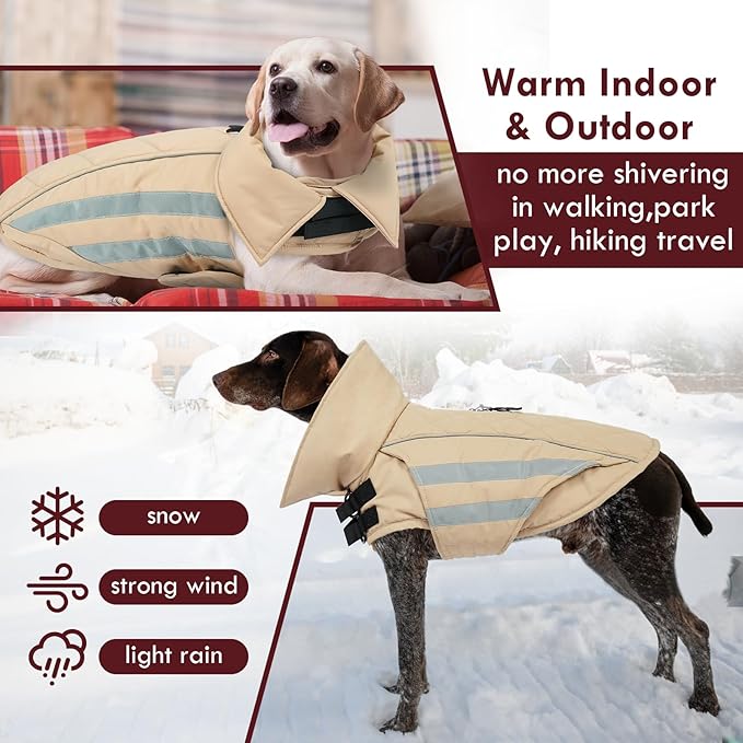 Dog Coat for Large Dogs Winter Waterproof Dog Jacket with Harness Reflective Turtleneck Hook & Loop Snowsuit Warm Fleece Snow Jackets Thermal Cold Weather Coats, Khaki 3XL