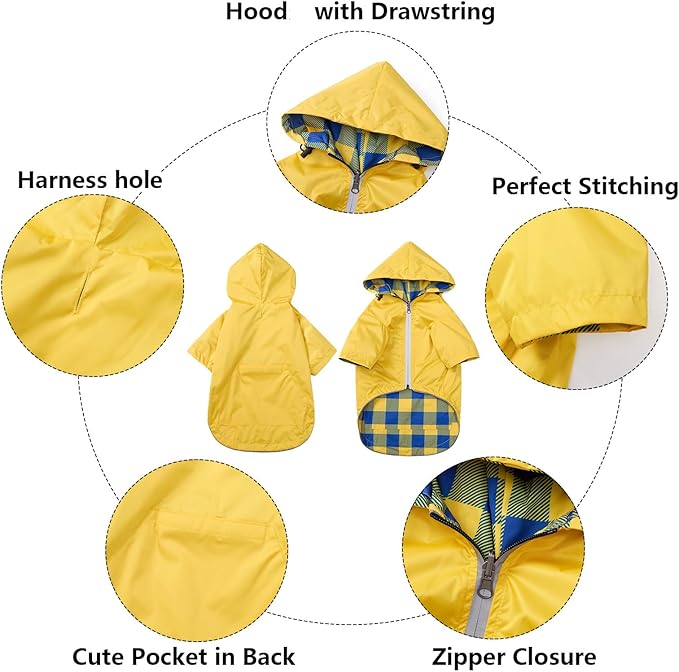 Dog Raincoat Dogs Waterproof Reversible rain Jacket Dog Small Medium Breeds Reflective Zipper Storage Pocket Harness Hole - Yellow - XS