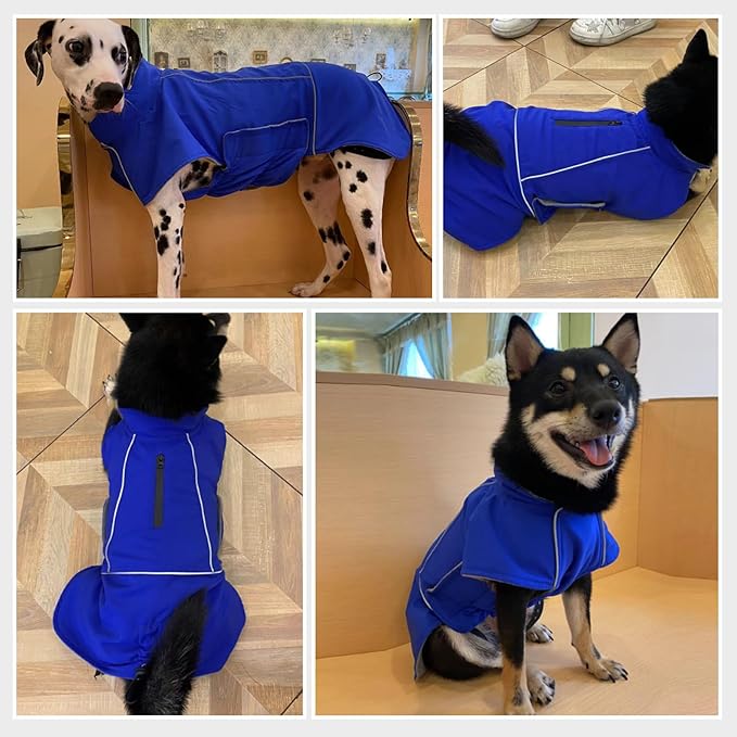 ROZKITCH Dog Snowsuit Raincoat Jacket, Waterproof Rain Jacket with Fleece Liner and Leash Hole Reflective Strip for Medium Large Dog, Adjustable Poncho Vest for Outdoor Hiking Travel Blue XL
