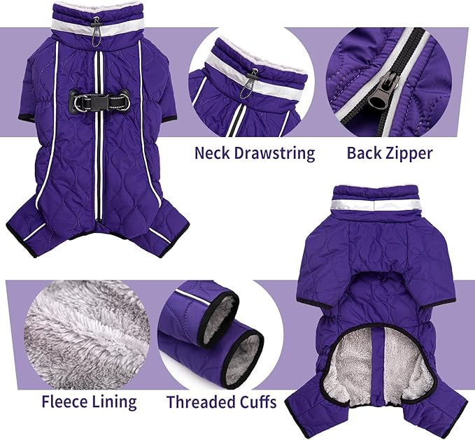 Four Legged Dog Winter Coat for Small Dogs, Warm Puppy Onesie Clothes Christmas, Reflective Turtleneck Dog Jacket with Buckles & D-Rings, Puffer Cold Weather Coat Zipper