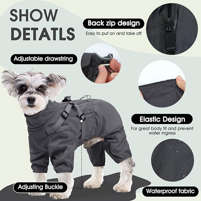 BRKURLEG Dog Raincoat with Harness for Small Dogs, Adjustable Waterproof Dog Rain Jacket, Reflective Rainproof Puppy 4 Legs Raincoat, Full Body Pet Rain Jacket, Dark Grey, S