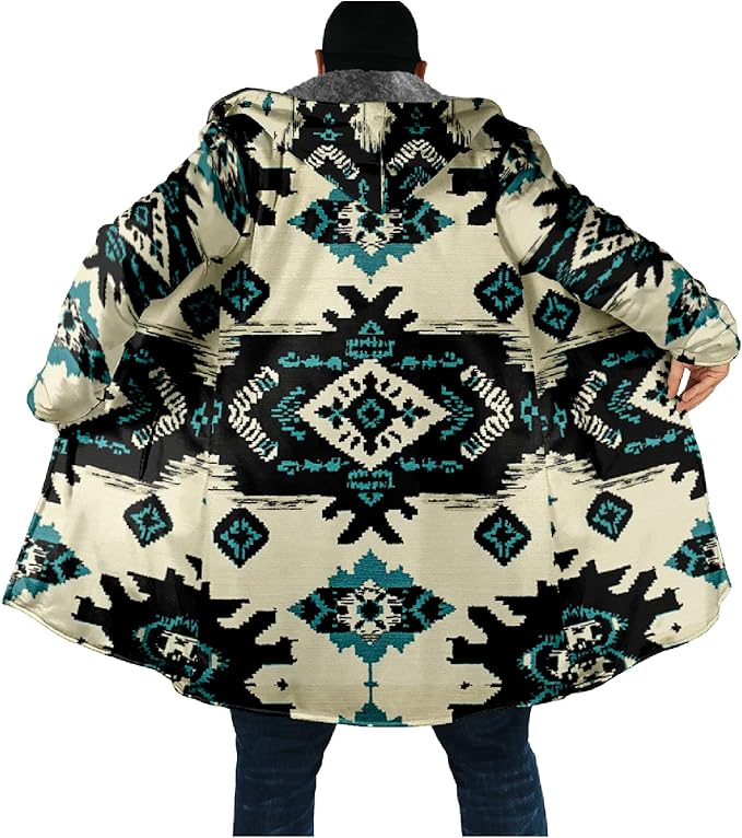 Mens Aztec Print Hoodie Heavyweight Cotton Fleece Jacket Zip Up Warm Long Sleeve Hooded Winter Midi Coat