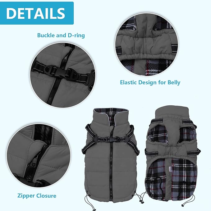 Geyecete Winter Warm Coat Waterproof Dog Jacket with Harness Traction Belt, Pet Outdoor Jacket Dog Autumn and Winter Clothes - Gray - XL