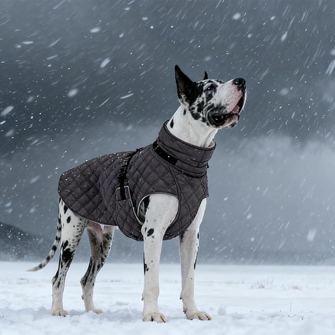 Kuoser Dog Coat Warm Fleece Lining Turtleneck Dog Jacket with Harness Built-in, Adjustable Windproof Cold Weather Coats with Quick Release Buckle Pet Winter Snowsuit for Extra Large Dogs, Grey 2XL