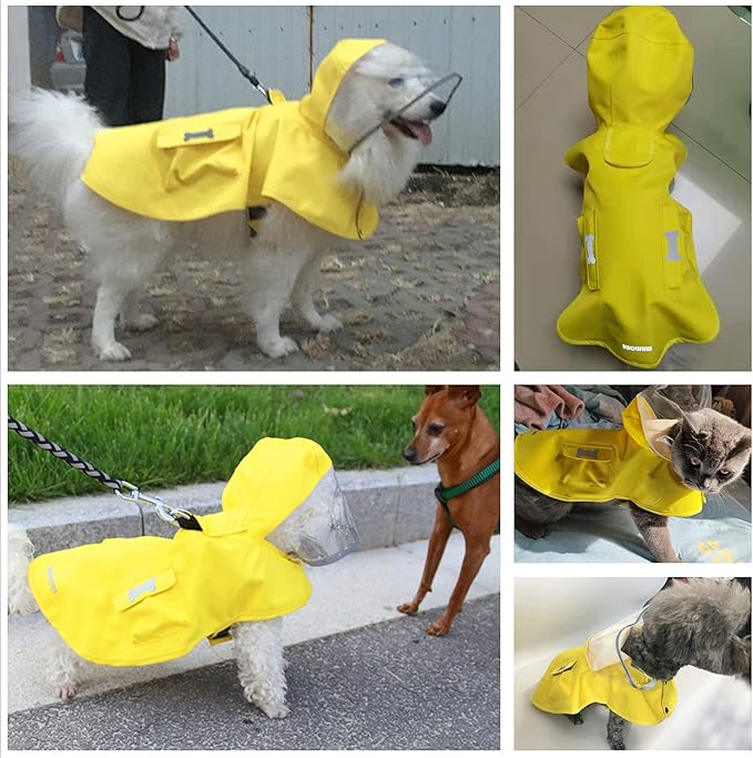 Waterproof Dog Raincoat, Adjustable Reflective Lightweight Pet Rain Clothes with Poncho Hood (Large, Yellow)