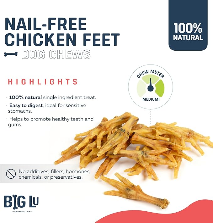 Big Lu – Nail-Free Chicken Feet Dog Chews, 100% Natural Single-Ingredient Treats, Rawhide-Free, Long-Lasting, Rich in Glucosamine and Chondroitin for Joint Health (60 Count)