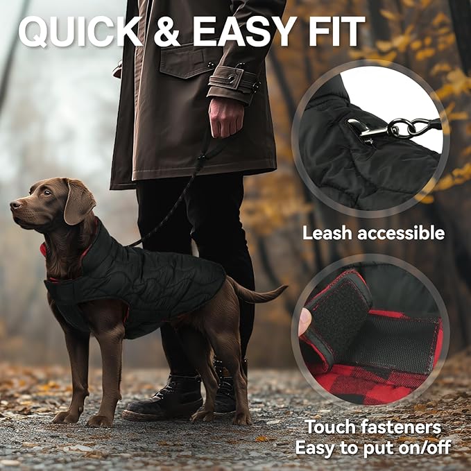 VIVAGLORY Softjoy Dog Coat, Dog Jacket for Winter & Christmas, Coat with Harness Hole & Velcro Closure, Reversible Plaid Checkered Warm Fluffy Heavy Duty for Puppy, M, Red Black