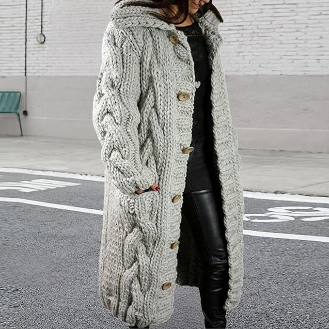 LOAIHA Women Chunky Cable Knit Long Sleeve Cardigan Fall Winter Trendy Oversized Button Down Sweaters Outerwear with Pocket