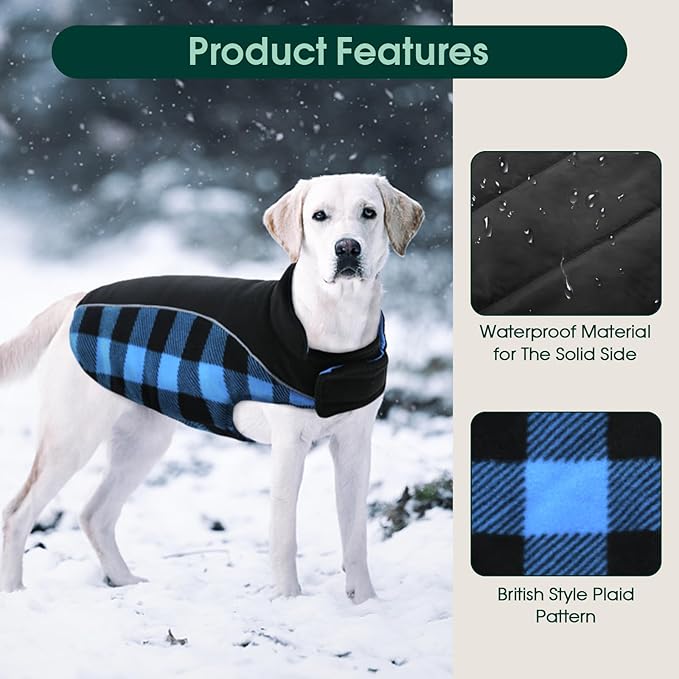 Kuoser Dog Winter Coat, Reversible Waterproof Dog Jacket with Reflective Strip, Warm Dogs Fleece Vest Adjustable Doggy Cold Weather Clothes Plaid Christmas Outfit Pet Apparel for Medium Dogs, Blue M