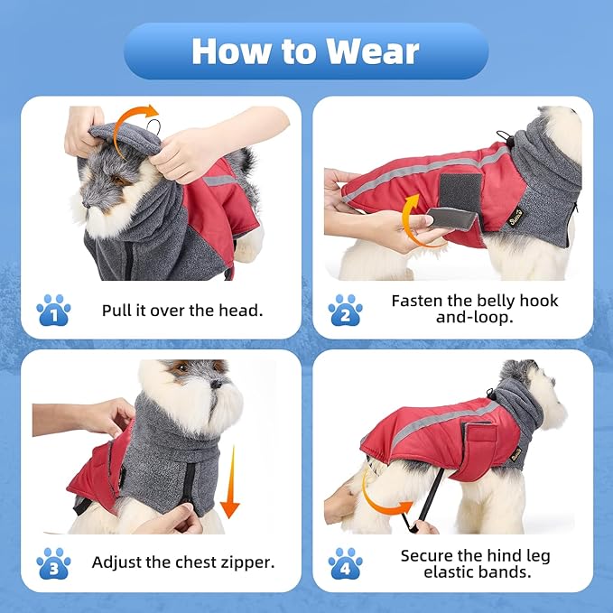 SlowTon Winter Dog Coat, Warm Polar Fleece Lining Doggie Outdoor Jacket with Turtleneck Scarf Reflective Stripe Adjustable Waterproof Windproof Puppy Vest Soft Pet Outfits (M,Red)