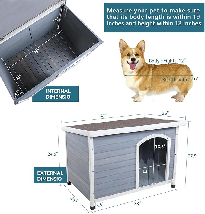 Petsfit Large Dog House, Wooden Outdoor Dog Kennel w/Hinged Roof, Weatherproof Dog Houses for Medium Dogs Outside w/Adjustable Foot Pads, 40.8" L X 26" W X 27.6" H, Grey