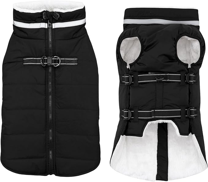 Small Dog Coat with Harness Built-in, Waterproof Reflective Fleece Lined - Warm Windproof Winter Jacket with Back Zipper, Cold Weather Snow Dog Coats - Black - XS