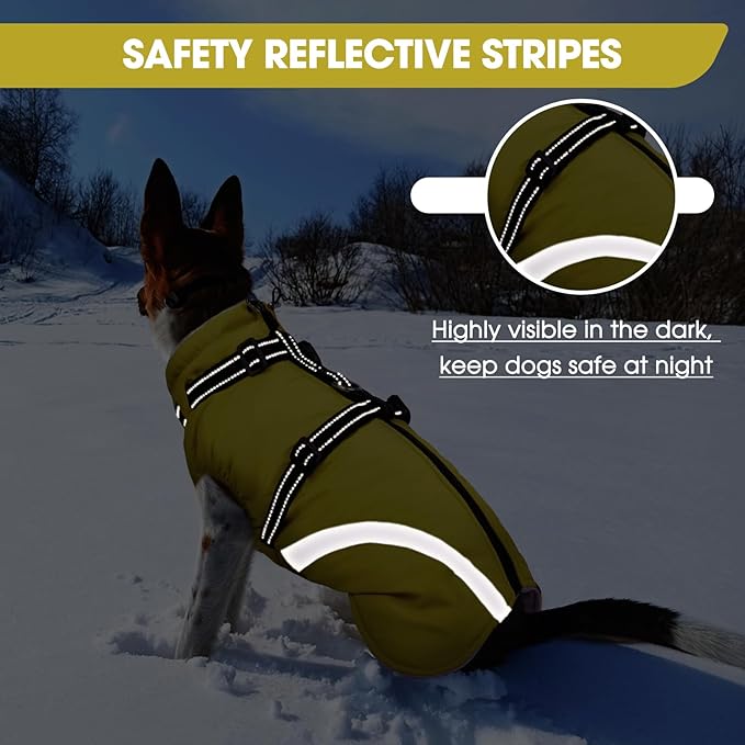 BRKURLEG Dog Winter Jackets for Large Dogs, Dog Coat with Harness Built in, Dogs Snowsuits with Zipper, Waterproof Windproof Pet Puffer Jacket Fleece Vest for Beagle, Pitbull, Green XL