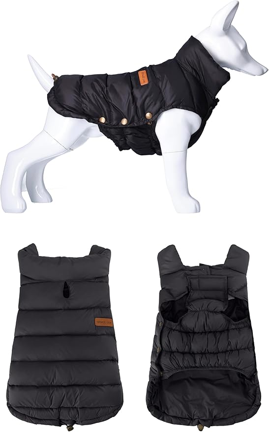 SPACE LION Dog Puffer Jacket, Down Winter Coat, Durable Outdoor Coat for Cold and Windy Conditions, Waterproof, Lightweight Jacket, Adjustable Fit for Small, Medium, Large Dogs(Black,28/4XL)